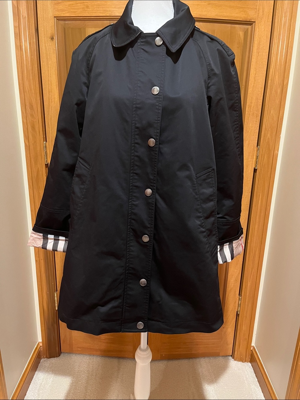 Burberry Black Trench Coat with Check Cuff Accent